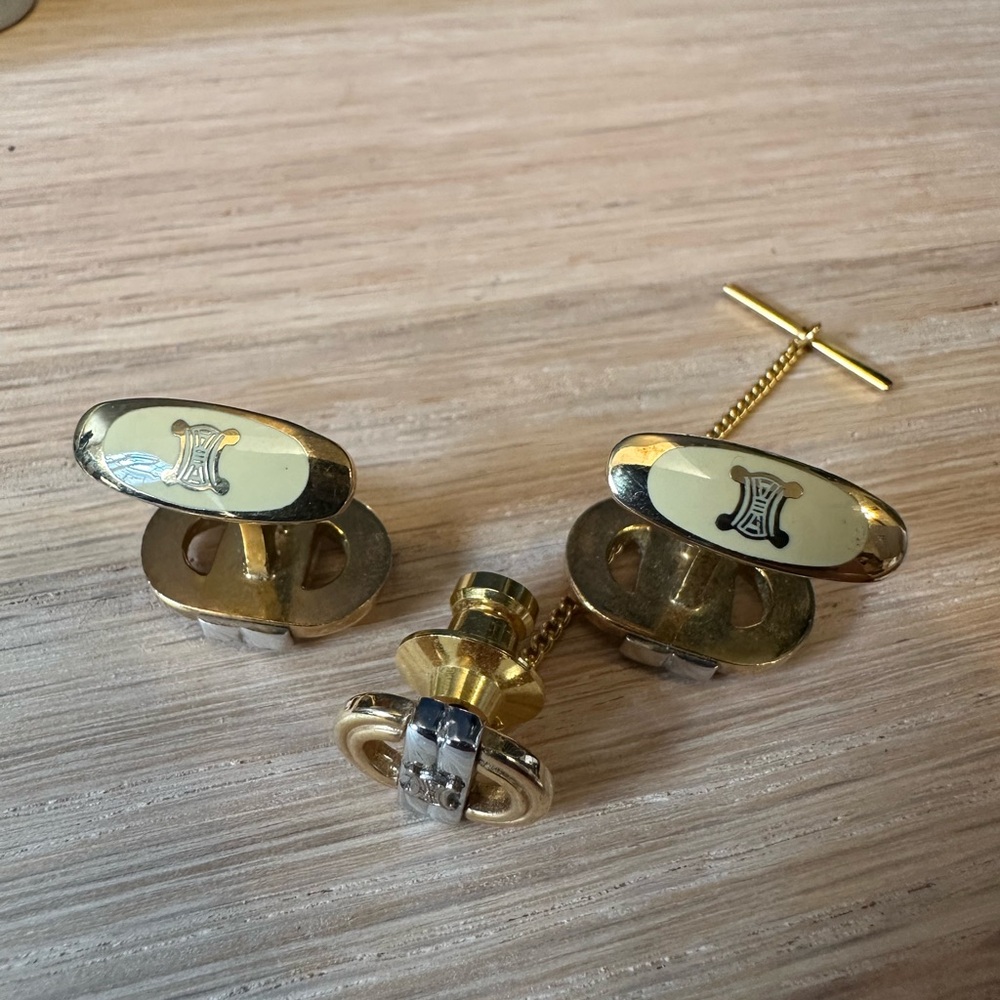 Celine Vintage Paris Logo Cufflinks & Tie Tack Set – Gold & Silver Tone - Picture 4 of 5